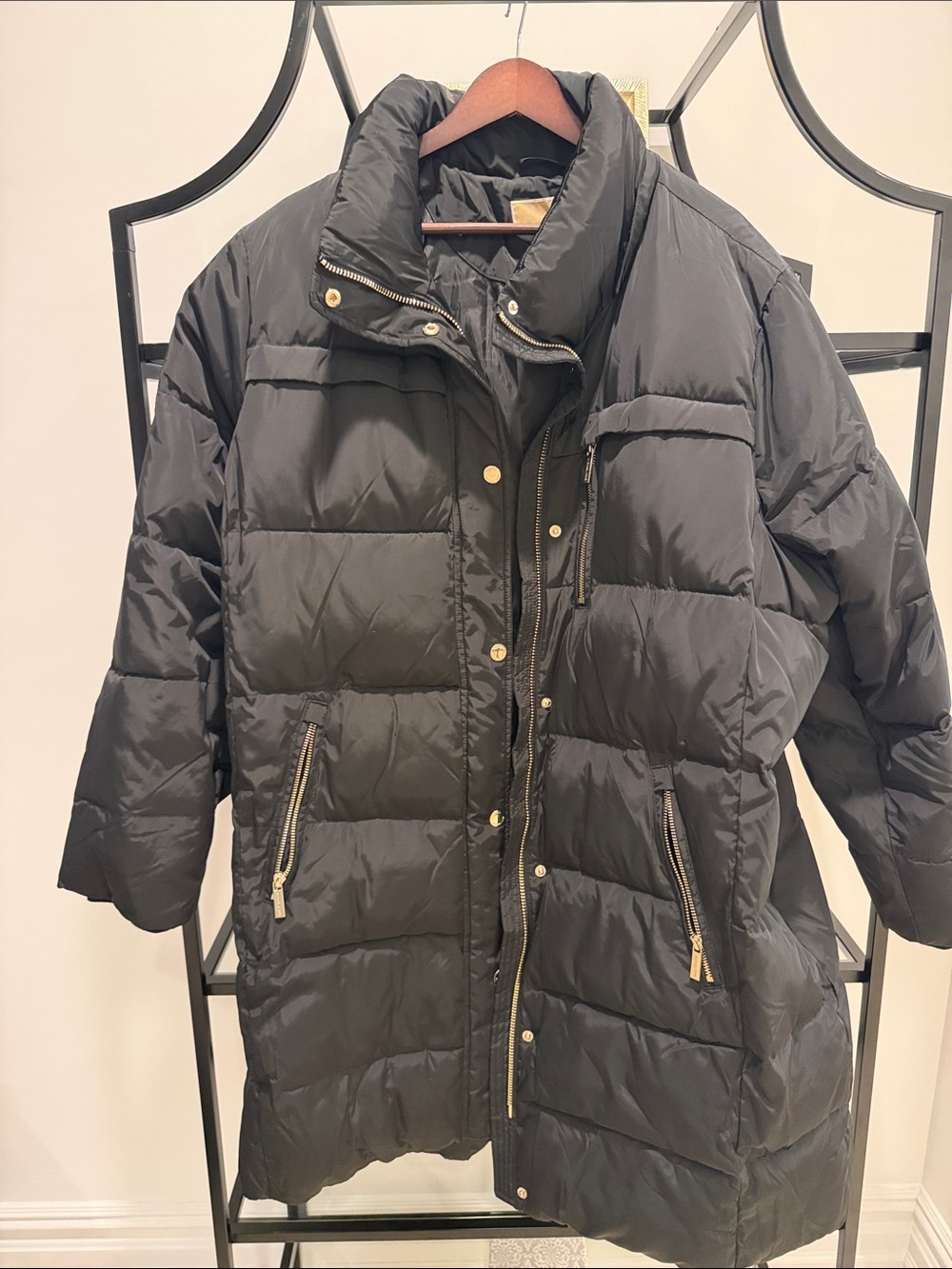 Michael Kors Black Long Puffer Coat with Gold Hardware